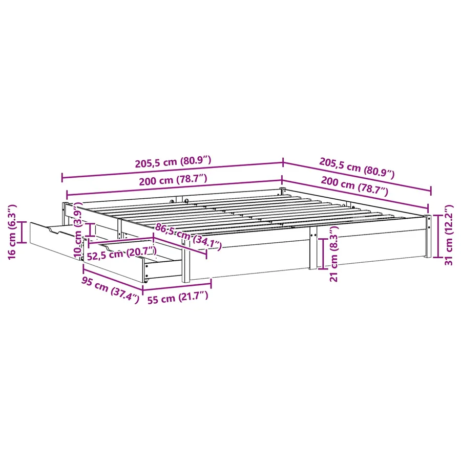 Cadre de lit Cire marron 200 x 200 cm Bois de Pin Massif - 8