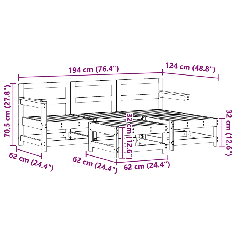 Ensemble de salon de jardin 5 pcs Brun Ciré Pin massif - 7