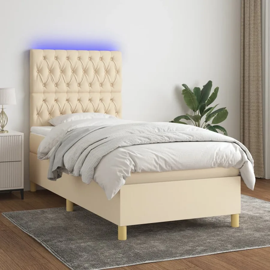 Sommier à lattes de lit et matelas et LED Crème 90x190 cm Tissu