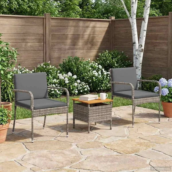 Ensemble bistro de jardin avec coussin 3 pcs Gris polyrotin