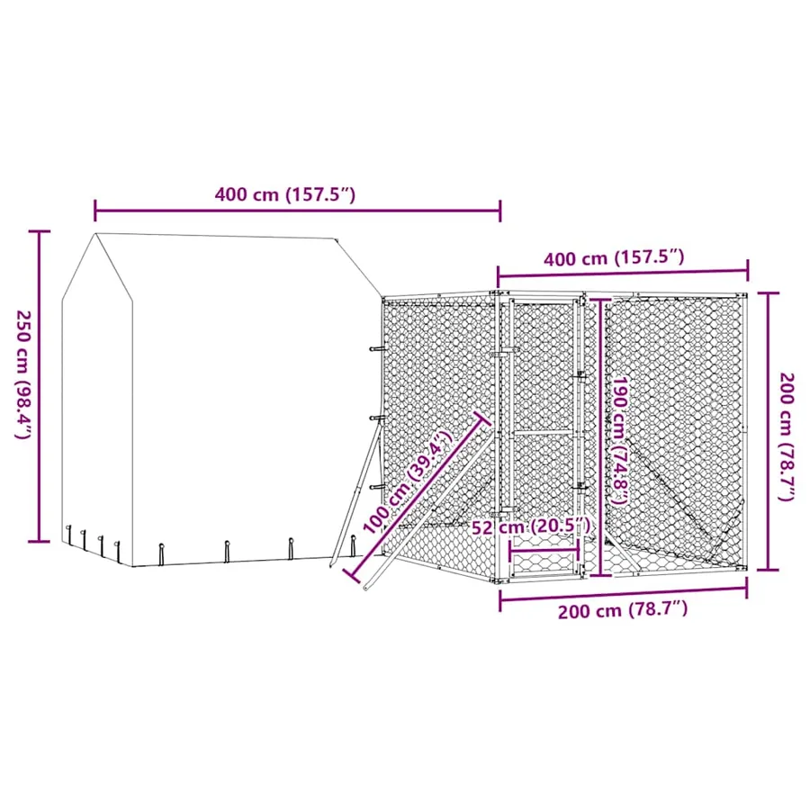 Chenil d'extérieur pour chiens avec toit argenté 4x4x2,5 m - 9