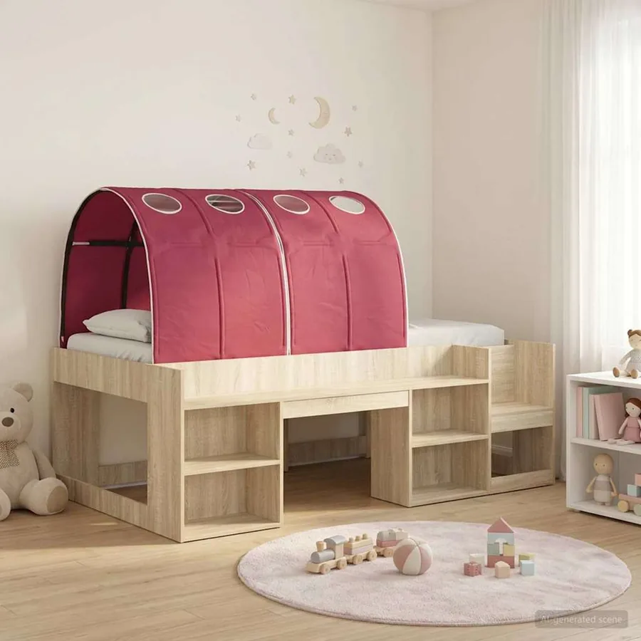Lit haut pour enfants avec rangement 3 pc Chêne Sonoma et rouge