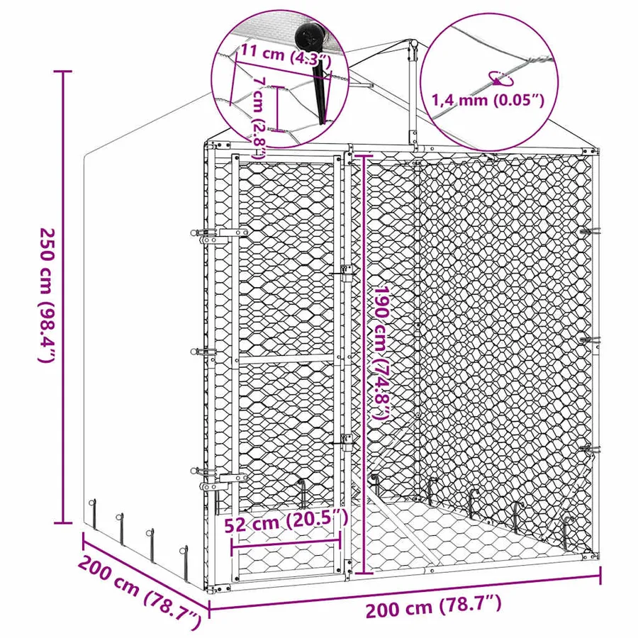 Chenil d'extérieur pour chiens avec toit argenté 2x2x2,5 m - 8