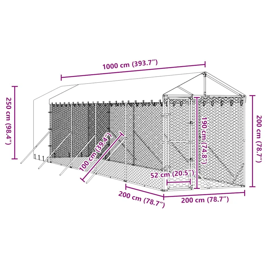 Chenil d'extérieur pour chiens avec toit argenté 2x10x2,5 m - 9