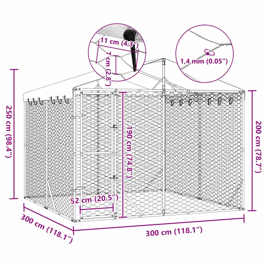 Chenil d'extérieur pour chiens avec toit argenté 3x3x2,5 m - 8