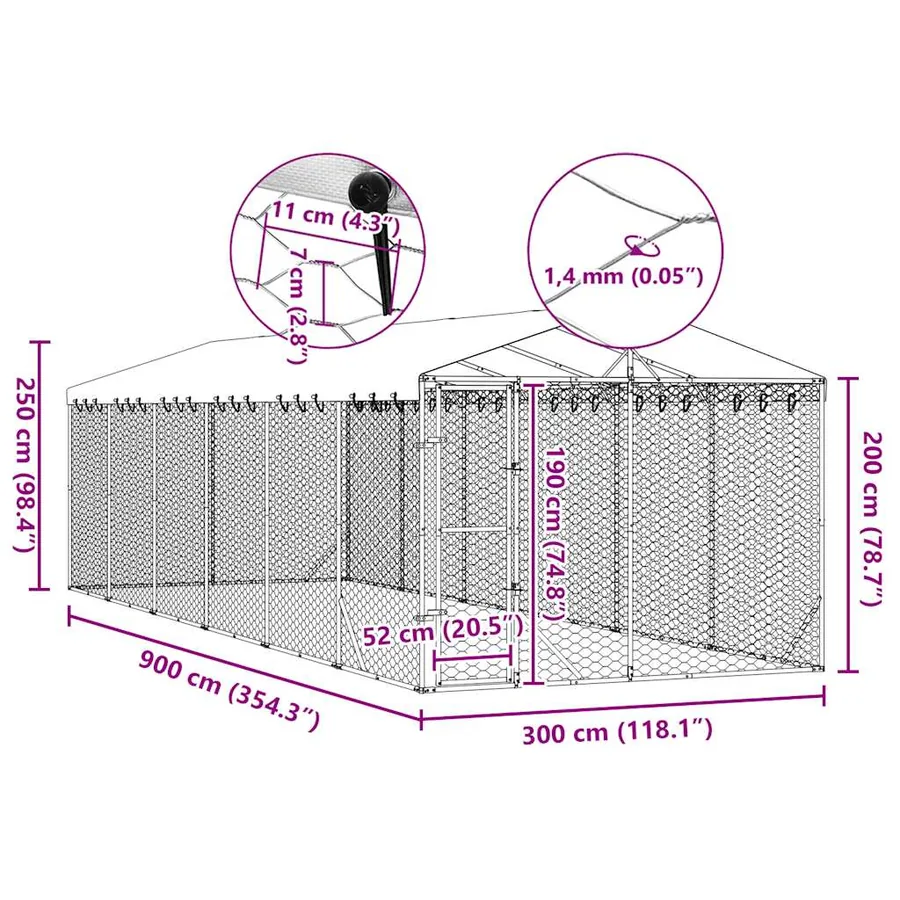 Chenil d'extérieur pour chiens avec toit argenté 3x9x2,5 m - 8