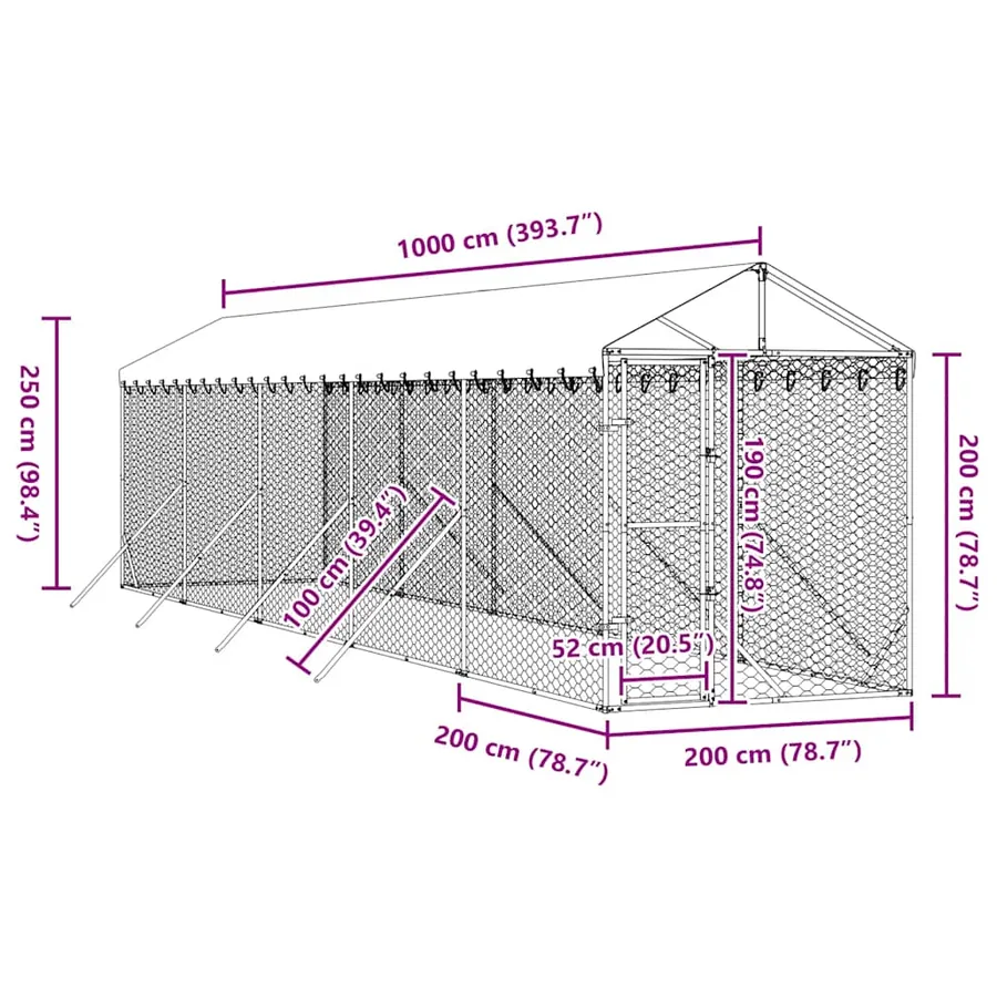 Chenil d'extérieur pour chiens avec toit argenté 2x10x2,5 m - 8
