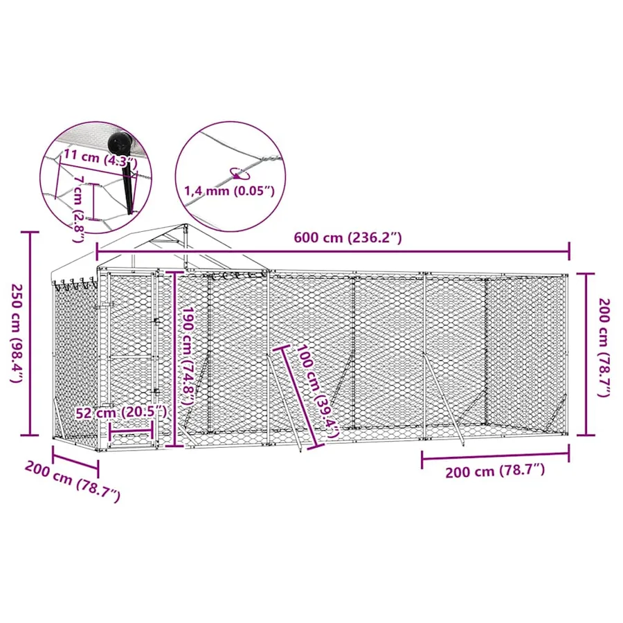 Chenil d'extérieur pour chiens avec toit argenté 6x2x2,5 m - 9