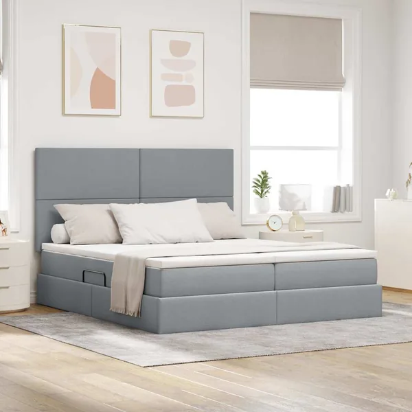 Lit de rangement LED avec matelas Gris clair 200 x 200 cm Tissu