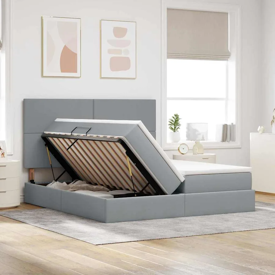 Lit de rangement LED avec matelas Gris clair 200 x 200 cm Tissu - 4
