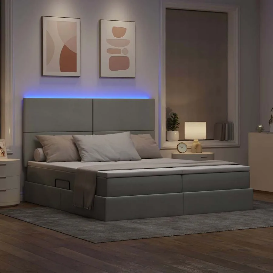 Lit de rangement LED avec matelas Gris clair 200 x 200 cm Tissu - 5