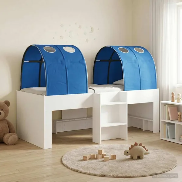 Lit avec Tunnel 3 pc Blanc et bleu Bois d'ingénierie
