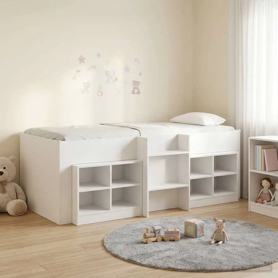 Cadre de lit en loft avec armoire 3 pc Blanc Bois d'ingénierie