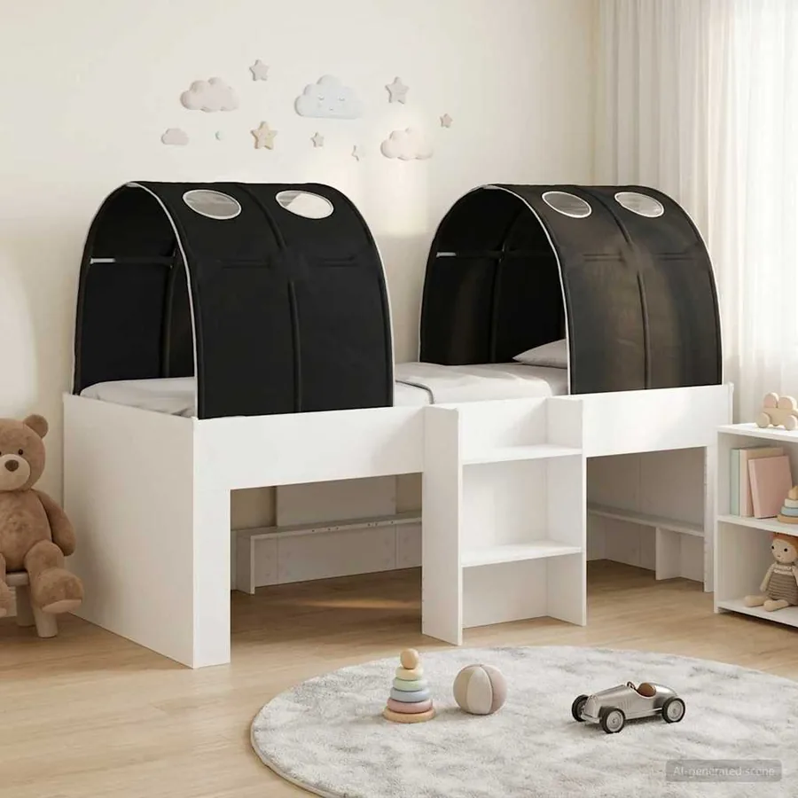 Lit avec Tunnel 3 pc Blanc et noir Bois d'ingénierie