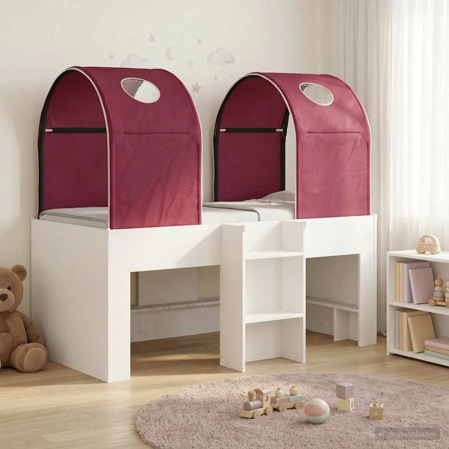 Lit avec Tunnel 4 pcs Blanc et rouge Bois d'ingénierie