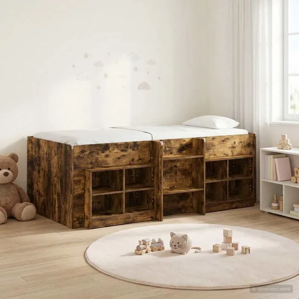 Cadre de lit en loft avec armoire avec étagère 3 pc Chêne fumé