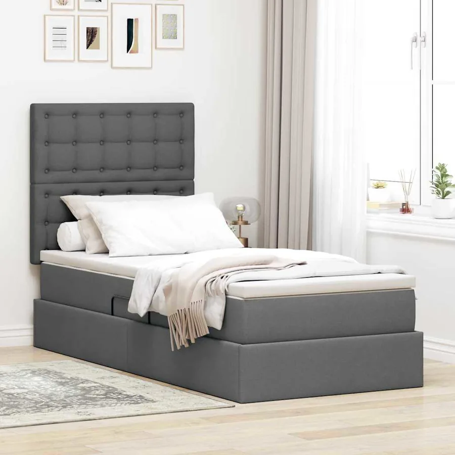 Lit avec rangement et matelas Gris foncé 100 x 200 cm tissu