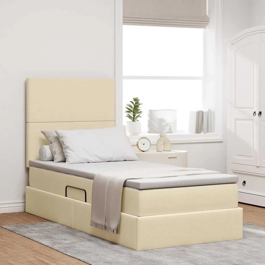 Lit avec rangement et matelas Crème 100 x 200 cm tissu