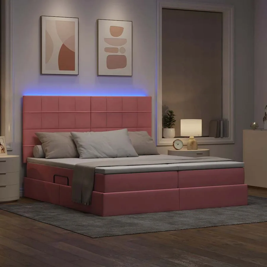 Lit de rangement LED avec matelas Rose 200 x 200 cm Velours - 5