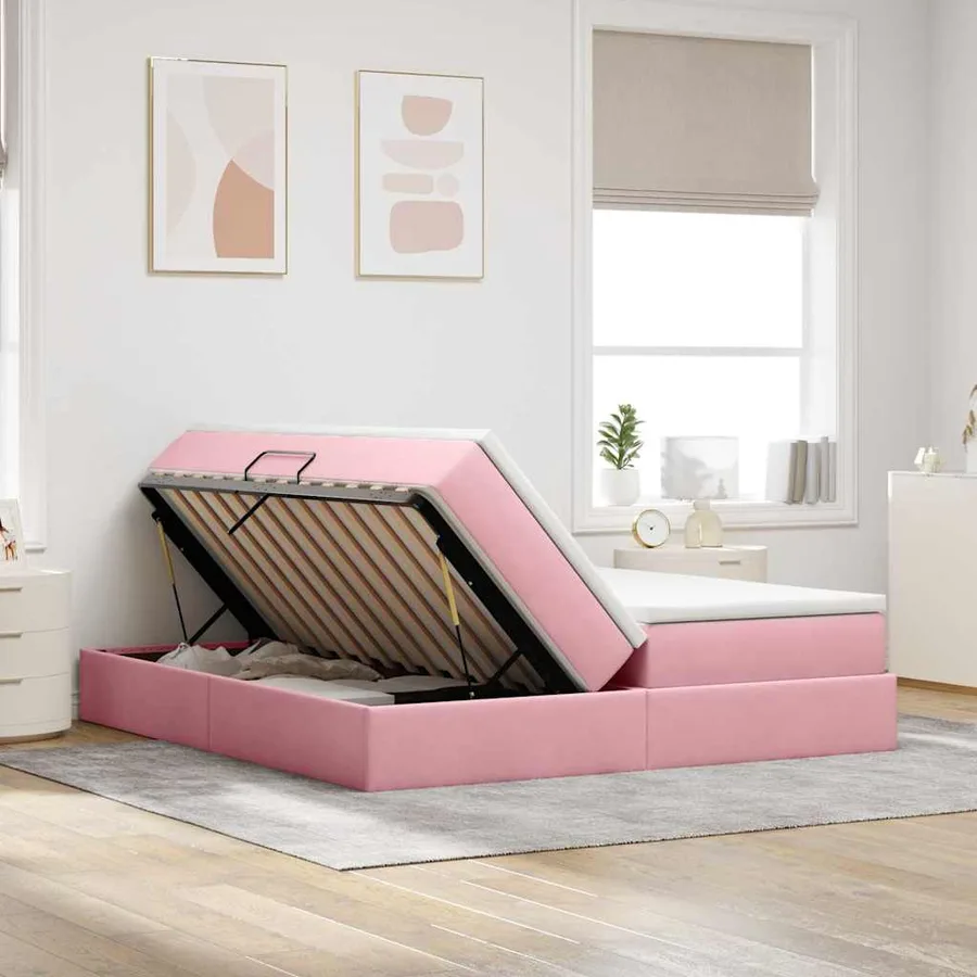 Lit avec rangement et matelas Rose 200 x 200 cm Velours - 4