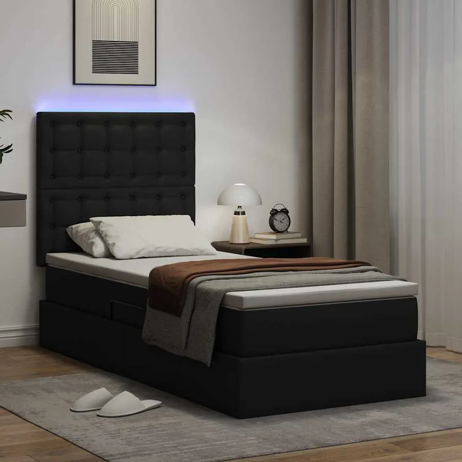 Lit avec rangement et LED Noir 90 x 200 cm Simili cuir - 5