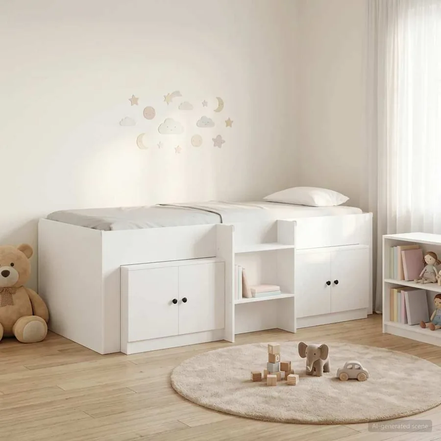 Cadre de lit en loft avec armoire 3 pc Blanc Bois d'ingénierie
