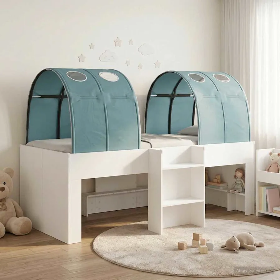 Lit avec Tunnel 3 pc Blanc et bleu clair Bois d'ingénierie