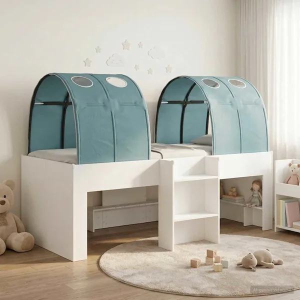 Lit avec Tunnel 3 pc Blanc et bleu clair Bois d'ingénierie