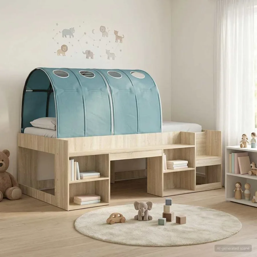 Cadre de lit avec tunnel 3 pc Chêne Sonoma et bleu clair