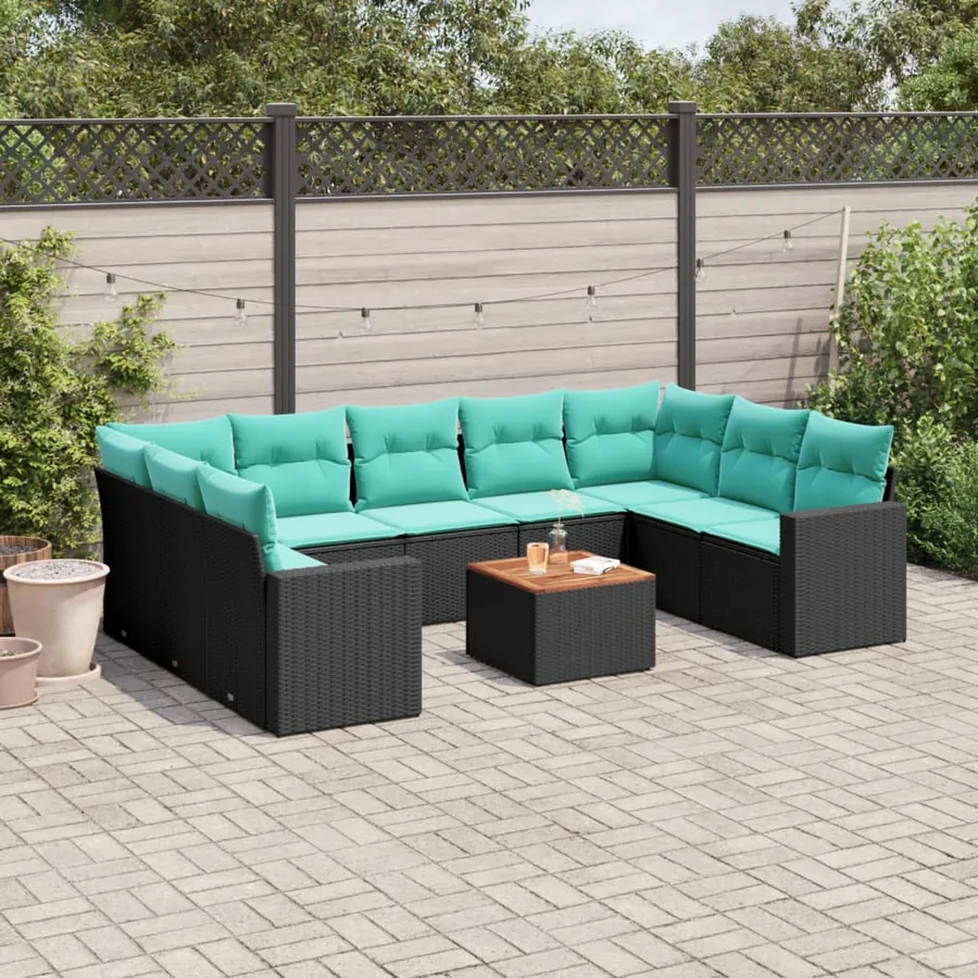 Salon de jardin 10 pcs avec coussins noir résine tressée