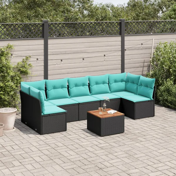 Salon de jardin 8 pcs avec coussins noir résine tressée