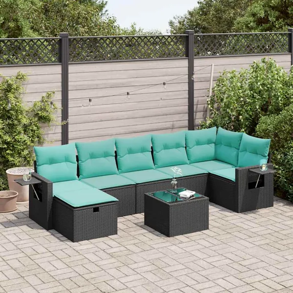 Salon de jardin 8 pcs avec coussins noir résine tressée
