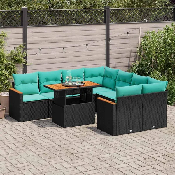 Salon de jardin 9 pcs avec coussins noir résine tressée