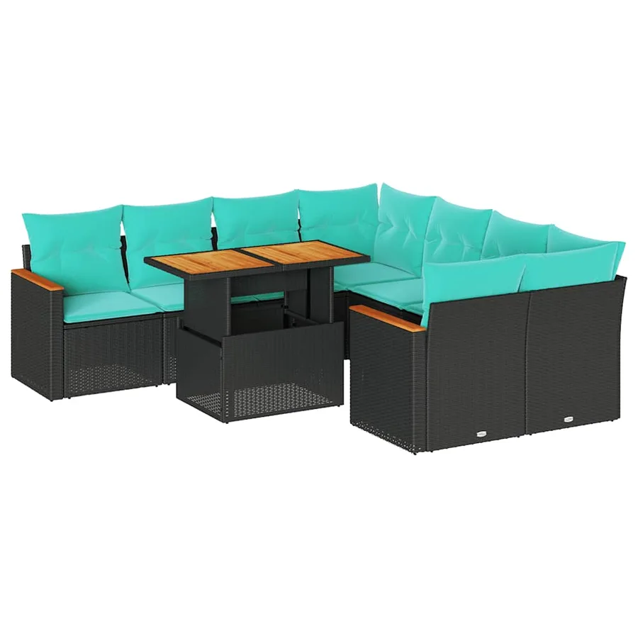 Salon de jardin 9 pcs avec coussins noir résine tressée - 2
