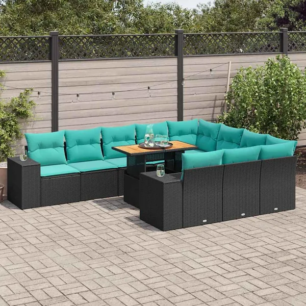 Salon de jardin 11 pcs avec coussins noir résine tressée