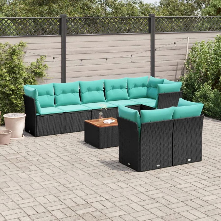 Salon de jardin 9 pcs avec coussins noir résine tressée