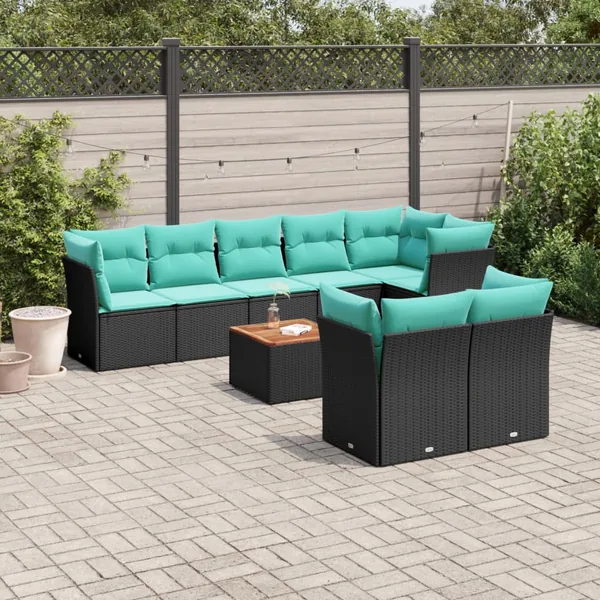 Salon de jardin 9 pcs avec coussins noir résine tressée
