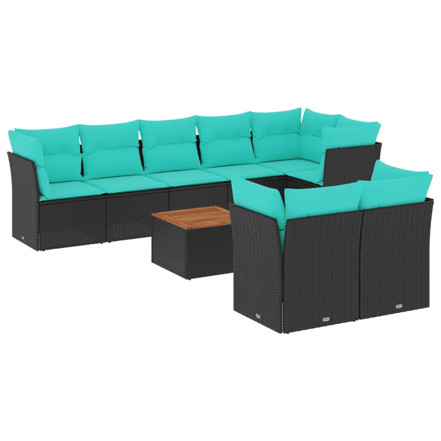 Salon de jardin 9 pcs avec coussins noir résine tressée - 2