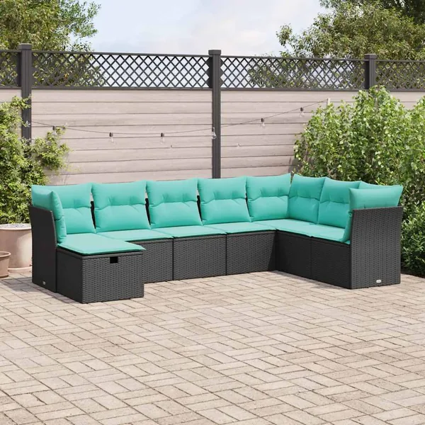 Salon de jardin 8 pcs avec coussins noir résine tressée