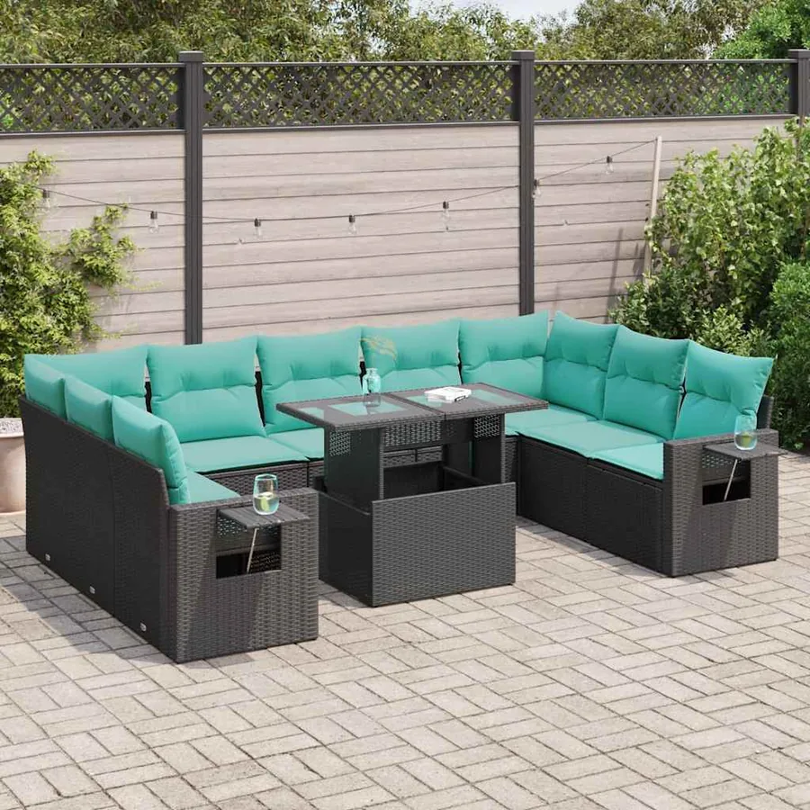 Salon de jardin 10 pcs avec coussins noir résine tressée acacia