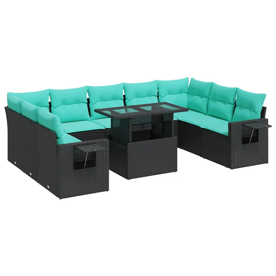 Salon de jardin 10 pcs avec coussins noir résine tressée acacia - 2