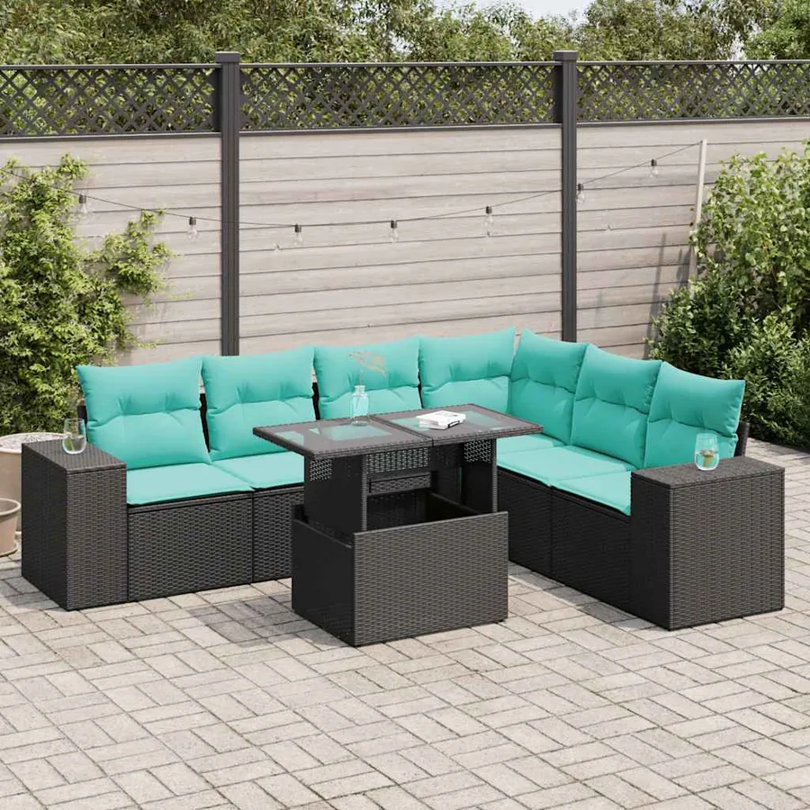Salon de jardin 7 pcs avec coussins noir résine tressée acacia