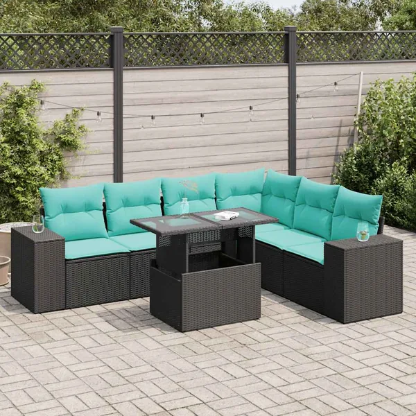 Salon de jardin 7 pcs avec coussins noir résine tressée acacia