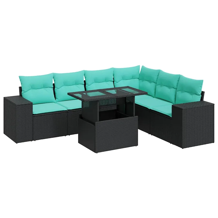 Salon de jardin 7 pcs avec coussins noir résine tressée acacia - 2