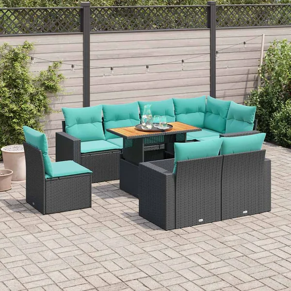 Salon de jardin 9 pcs avec coussins noir résine tressée