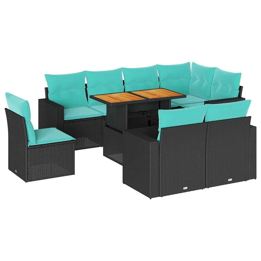 Salon de jardin 9 pcs avec coussins noir résine tressée - 2