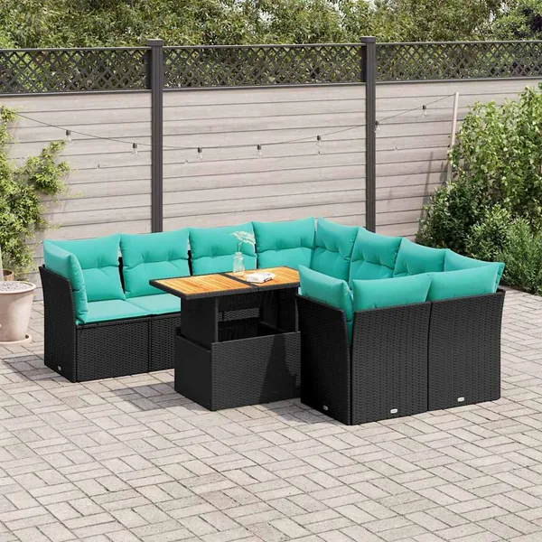 Salon de jardin 9 pcs avec coussins noir résine tressée