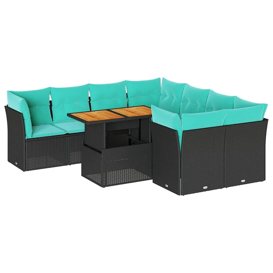 Salon de jardin 9 pcs avec coussins noir résine tressée - 2