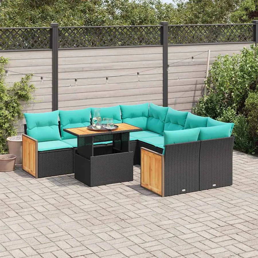 Salon de jardin avec coussins 9 pcs noir résine tressée acacia
