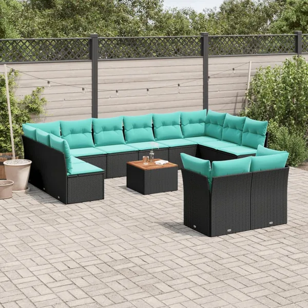 Salon de jardin avec coussins 13 pcs noir résine tressée